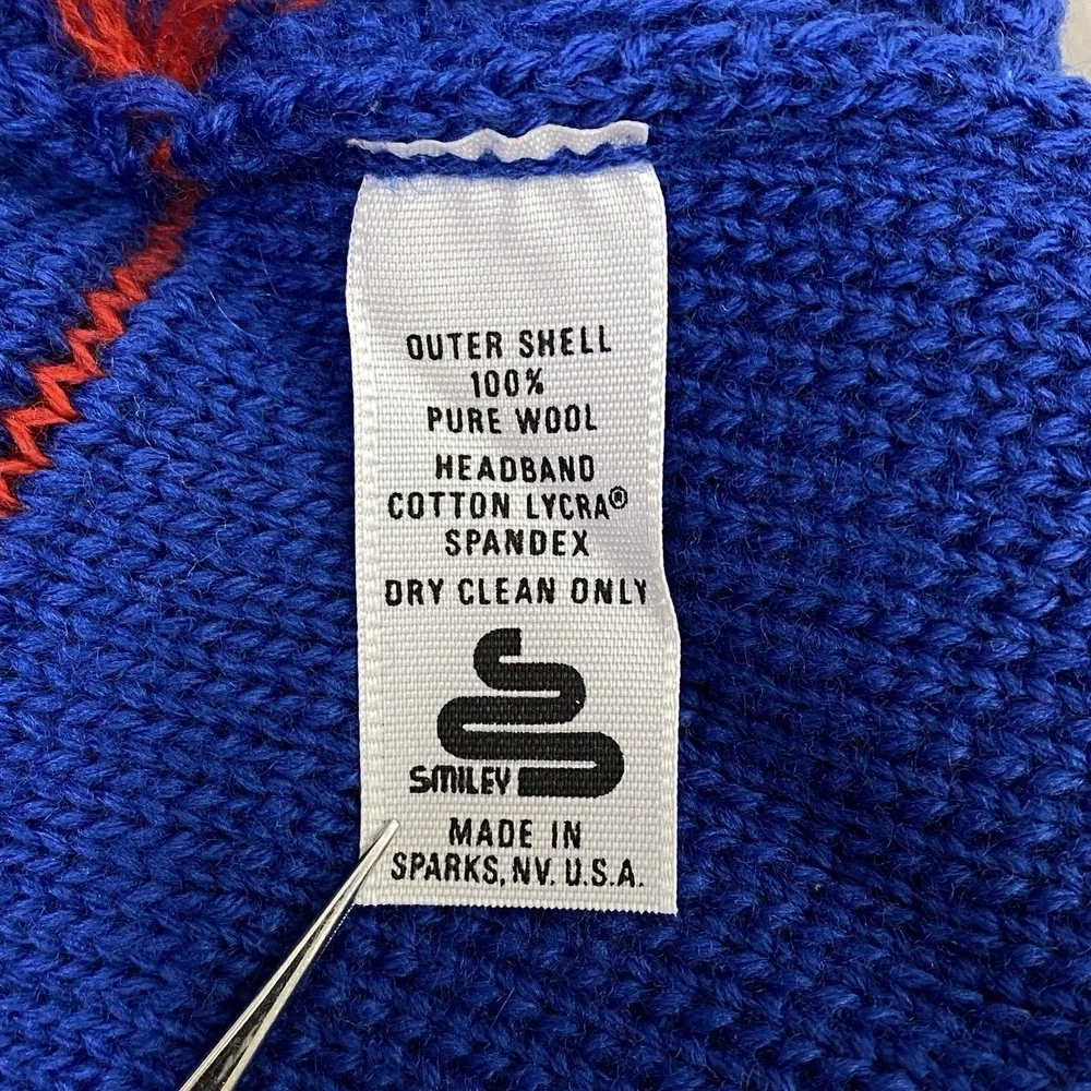 Vintage Smiley Ski Beanie 100% Wool Blue Striped‎ Knit Hat Lycra Headband USA